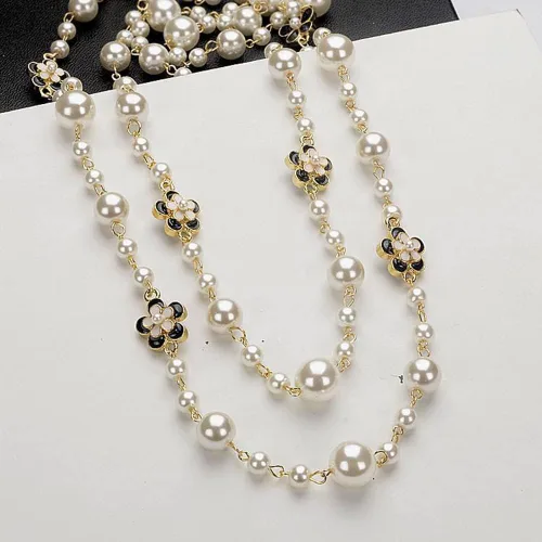 Miniatura 6 de Diseño de moda elegante largo imitación trébol flor collar de perlas para las mujeres, Perla, Perla