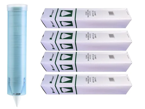 MC Distributors - Paquete de taza y dispensador de cono Genpak compostable de 4.5 onzas, paquete de 4 vasos de agua con cono de papel y tubo