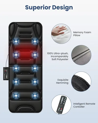 Miniatura 7 de Comfier - Tapete de Masaje de Cuerpo Completo, Almohadilla de Masaje de Calor y Vibración para Silla de Masaje con 10 Motores de Vibración, 5 Modos