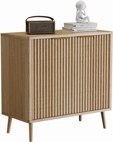 Miniatura 8 de Moderno armario de buffet acanalado con almacenamiento, consola de madera delgada de 31.5 pulgadas con puertas y estantes ajustables, armario