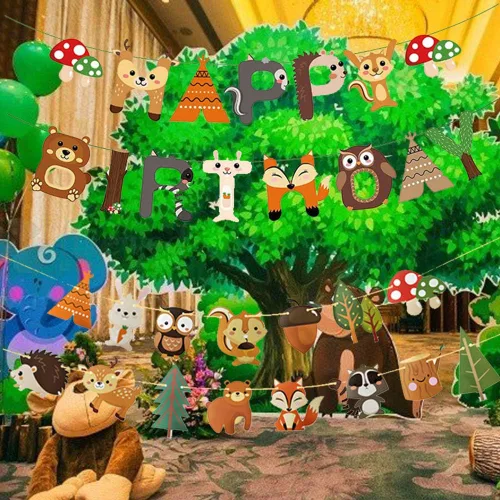 Miniatura 3 de Decoraciones de fiesta de bosque, pancarta de feliz cumpleaños con guirnalda de banderines de animales del bosque para niños y niñas, suministros