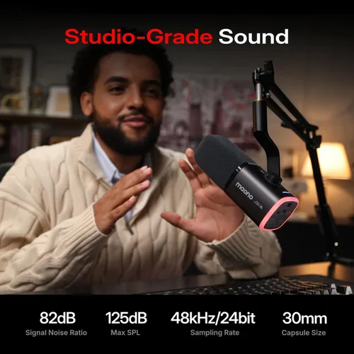 Miniatura 3 de MAONO PD100W Wireless/USB Microphone,Gaming PC Mic with One-Click Noise Reduction,Mute Button,Custom RGB, 3.5mm Headphone Jack, Dynamic Streaming