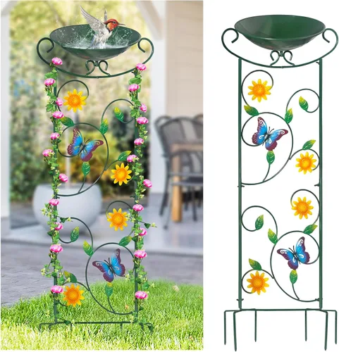 Miniatura 9 de HONGLAND Baño de metal para pájaros de 36.5 pulgadas con enrejado, baño para pájaros de jardín al aire libre con cuenco desmontable y soporte