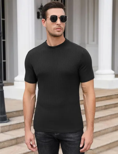 Miniatura 5 de TURETRENDY Men's Stretch Muscle T Shirts Short Sleeve Solid Color Knit Tees Casual Slim Fit Basic Shirt Tops