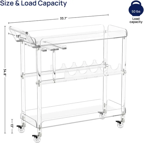 Miniatura 3 de HMYHUM Carrito de barra de acrílico con 4 ruedas con bloqueo, carrito de servicio transparente con estante para vino y soporte para vidrio, carrito
