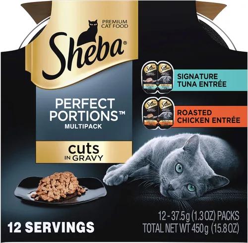 Sheba Perfect Portions - Paquete múltiple de cortes en salsa, plato principal de atún exclusivo, pollo asado (12 porciones individuales) (3 bandejas