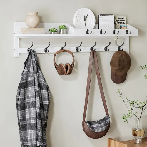 Miniatura 13 de AMBIRD Ganchos de pared con estante, ganchos de abrigo de madera para entrada de 26.57 pulgadas para pared, perchero de pared montado en pared con 5