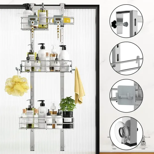 Miniatura 7 de ODesign Organizador de ducha para colocar sobre la puerta, organizador de ducha colgante ajustable de 3 niveles con soporte para jabón y 4 ganchos