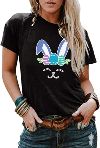 Miniatura 2 de FlekmanArt Womens Tunic Round Neck T Shirt Temperament Short Sleeve Blouses 2023 Summer Slim Fit Easter Printed Tops