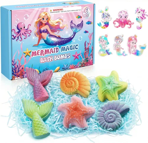 Bombas de baño de sirena para niños con juguetes sorpresa en el interior, rellenos de cesta de Pascua para niños pequeños, kit de 6 bombas de baño