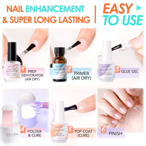 Miniatura 3 de Gellen kit de extensión de uñas en gel, kit de uñas en gel con 240 puntas de almendra, pegamento UV 3 en 1 para puntas de uñas, dehidratador