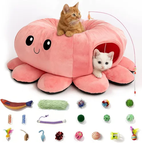 Cama túnel para gatos con 20 juguetes para gatos, túnel de juego plegable para gatos de interior, juguetes para gatitos de interior, en forma de Rosa
