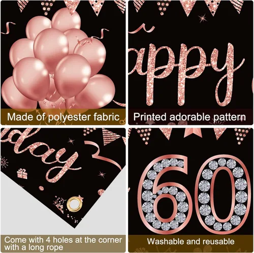 Miniatura 6 de Cartel de feliz cumpleaños 60 para mujer, suministros de fiesta de cumpleaños de 60 años de oro rosa, decoración de fondo para interiores