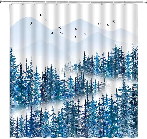 Miniatura 2 de Cortina de ducha de bosque brumoso, pino, acuarela, abstracta, selva, montaña, planta azul, rústico, misterioso, paisaje, decoración de baño