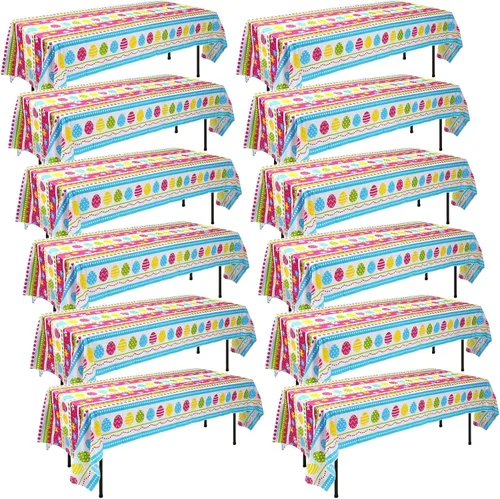 Oudain 12 manteles de fiesta de Pascua a granel, cubierta de mesa de huevos de Pascua de plástico desechable, mantel de conejo colorido para
