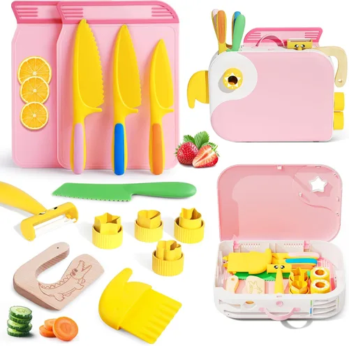Juego de cuchillos de cocina para niños para cocinar de verdad con caja de almacenamiento rosa, juguete de cocina Montessori con tabla de cortar,