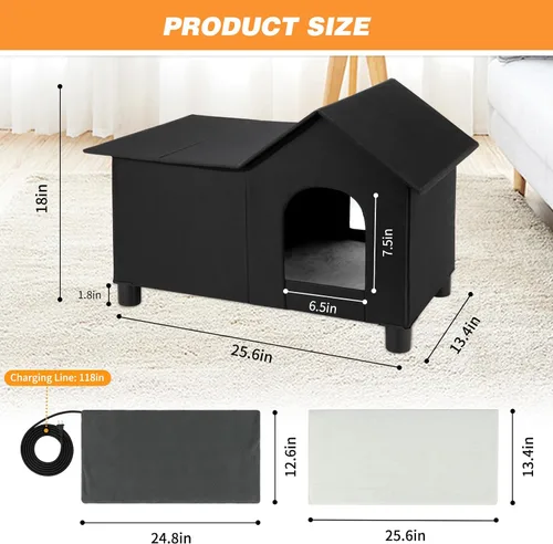 Miniatura 2 de Casa grande con calefacción para gatos para exteriores, casa elevada para gatos climatizada al aire libre, resistente a la intemperie, refugio