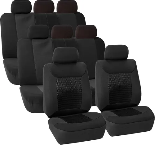 FH Group Fundas de asiento de coche de tela de alta calidad, juego de tres filas, fundas de asiento de automóvil color negro sólido, bolsa de aire y