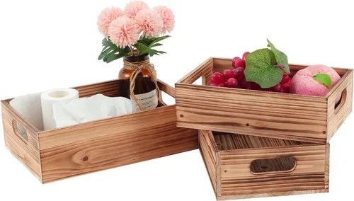 Miniatura 7 de PHOENANCEE Cajas de madera para exhibición, cajas decorativas rústicas de almacenamiento, juego de 3, caja anidable de madera con asas, cesta