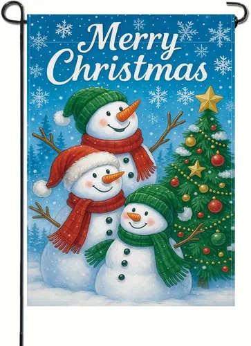 Bandera de jardín de Navidad ActFirst de 12 x 18 pulgadas, bandera de muñeco de nieve de familia de Navidad Feliz con árbol, pequeña decoración de