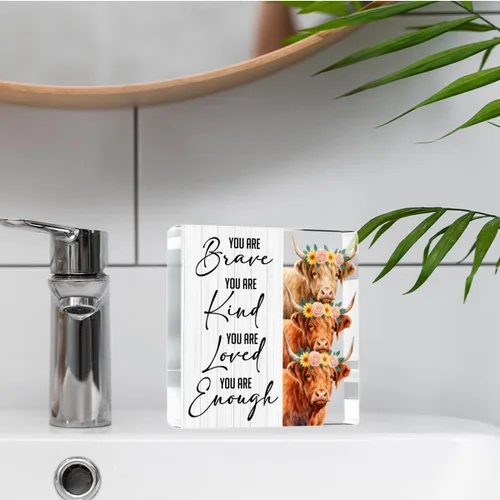 Miniatura 3 de Highland Cow Gifts - Letrero acrílico con texto en inglés "You are Brave Kind Loved Enough Positive Inspirador Highland Cow Regalos para Amigos