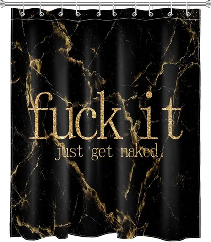 Miniatura 2 de Cortina de ducha de mármol negro y dorado, con citas divertidas Fuck It Get Naked de arte abstracto de mármol para baño, 60 x 72 pulgadas, tela