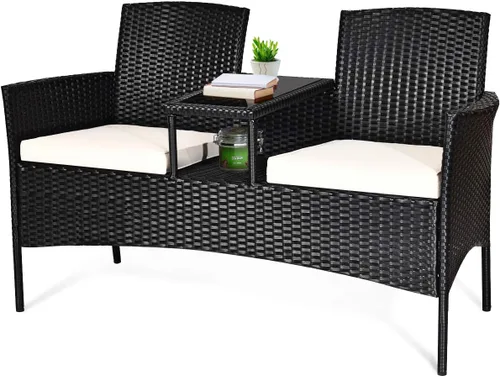 Miniatura 13 de Tangkula Sofá biplaza de ratán para exteriores, juego de conversación para patio con cojines y mesa, moderno juego de sofá de mimbre patentado