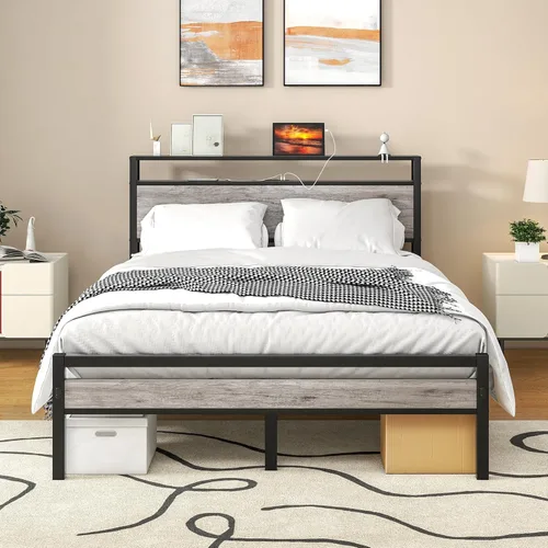Miniatura 12 de HOJINLINERO Base de cama individual con cabecera de almacenamiento, plataforma de metal con estación de carga, no necesita somier, soporte de Roble