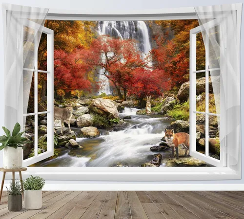 Miniatura 18 de HVEST Tapiz de bosque otoñal para colgar en la pared, hojas de arce naranja y sol, tapiz para colgar en la pared, tapiz de hojas de árbol de otoño