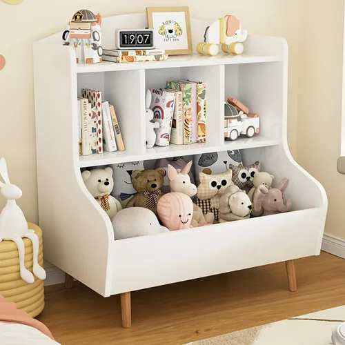 Miniatura 9 de Marcytop Organizador de almacenamiento de juguetes para niños, estante de madera con 4 cubículos para niños, estantería para bebés