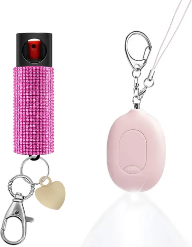 Alarma Personal 3 en 1 y Alarma de Manija de Puerta y Luz LED y Spray de Pimienta Enjoyado Combo, Gel de Pimienta de Máxima Potencia, Sirena de