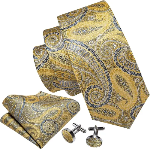 Miniatura 125 de Barry.Wang - Juego de corbata de seda para hombre, diseño de cachemira, pañuelo y gemelos de bolsillo