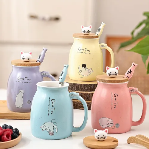Miniatura 5 de Juego de 2 Tazas de Gato Lindas Juego de Tazas de Té de Gato Taza de Café de Cerámica con Tapa Kawaii y Cuchara Tazas Lindas para Mujeres Niñas
