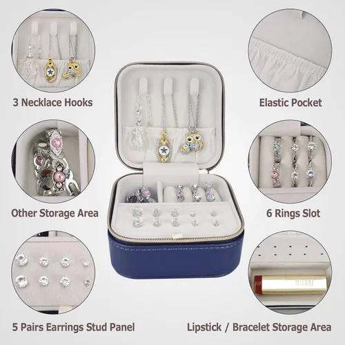Miniatura 2 de BareTulip Viaje-Joyería-Joyería-Pequeña Joyería-Portátil-Joyero Mini-Joyero Viaje Joyería-Organizador Cuero Viaje-Estuche Azul