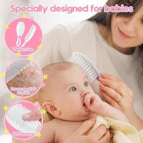 Miniatura 5 de Juego de cepillo y peine para el pelo del bebé, cepillos para el pelo del bebé recién nacido, regalo perfecto para recién nacidos (rosa)