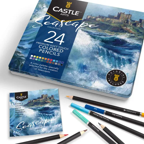 Castle Art Supplies 24 lápices de colores de paisaje marino para artistas adultos | Ideal para bocetos, colorear y dibujar con núcleos de calidad