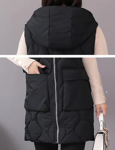 Miniatura 5 de HangNiFang Chaleco largo de invierno para mujer, con cremallera, acolchado, chaleco