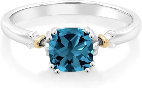 Miniatura 2 de Gem Stone King Anillo de compromiso de plata de ley 925 y oro amarillo de 10 quilates de 0.236 in con piedra preciosa de corte cojín Anillo
