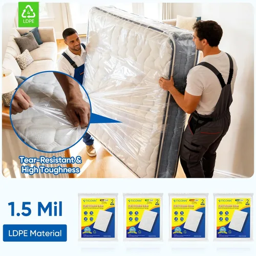 Miniatura 7 de TICONN 2PK Bolsa de plástico para colchón para mudanza y almacenamiento, cubierta protectora impermeable para colchón, suministros resistentes