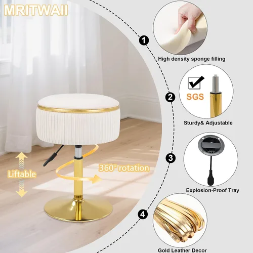Miniatura 5 de Taburete de tocador ajustable con almacenamiento, silla taburete de maquillaje giratorio de 360°, otomana redonda pequeña de terciopelo con base