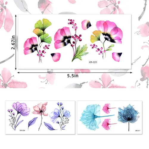 Miniatura 6 de 20 hojas de calcomanías de tatuajes temporales de flores, impermeables, para arte corporal, acuarela, floral, tatuaje temporal para mujeres y niñas