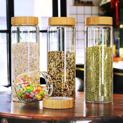 Miniatura 6 de Botes de vidrio con tapas herméticas de bambú - Juego de 3 envases de 80oz para cereales, frascos para galletas, almacenamiento de pasta - Tarros