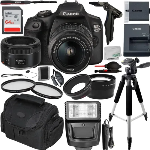 Canon EOS Rebel T7/2000D Cámara DSLR con lente de zoom f/3.5-5.6 de 0.709-2.165 in f/3.5-5.6 y paquete: incluye tarjeta de memoria SanDisk Ultra de