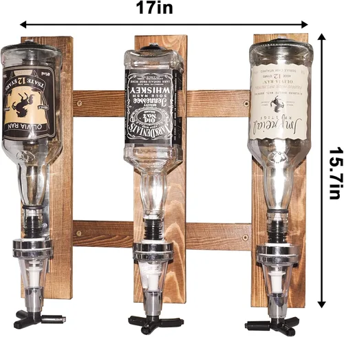 Miniatura 4 de Dispensador de licor montado en la pared de 2 botellas, estante de pared de madera para bar en casa, dispensador de bebidas de vidrio para fiestas
