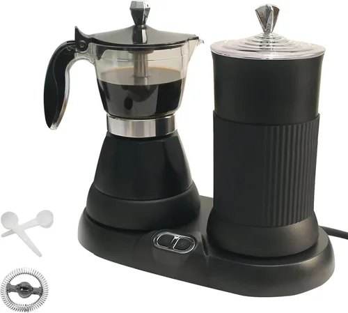 Máquina de café expreso con espumador de leche, olla eléctrica de moka 2 en 1, máquina de café expreso de aluminio con un solo toque, espuma de Negro