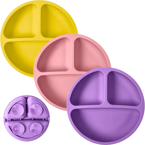 Miniatura 29 de WeeSprout - Platos de succión para bebés y niños pequeños con tapas, 100% silicona, diseño dividido para comedores selectivos, aptos para microondas