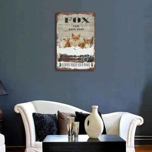Miniatura 4 de Placa colgante de hierro vintage con diseño de zorro, letrero de hojalata vintage con texto en inglés "Wash Your Paws", letrero de metal para bar