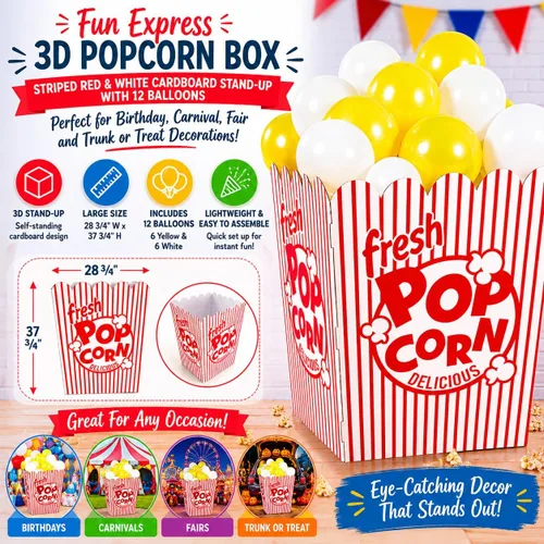 Miniatura 9 de Fun Express Caja de palomitas de maíz 3D de 28 3/4 pulgadas x 37 3/4 pulgadas a rayas rojas y blancas con 12 globos, decoración de cumpleaños