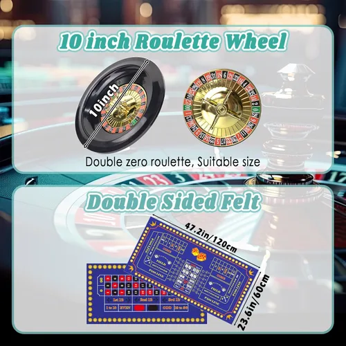 Miniatura 3 de Extguds Juego de Ruleta y Craps con Fieltro Grande de Doble Cara, Rueda de Ruleta de 10 Pulgadas, Rastrillo para Fichas, 200 Fichas, Marcador