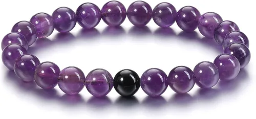 Miniatura 6 de Jovivi 2 pulseras elásticas de piedra curativa de obsidiana negra y amatista de 0.315 pulgadas, hechas a mano, piedras preciosas redondas naturales